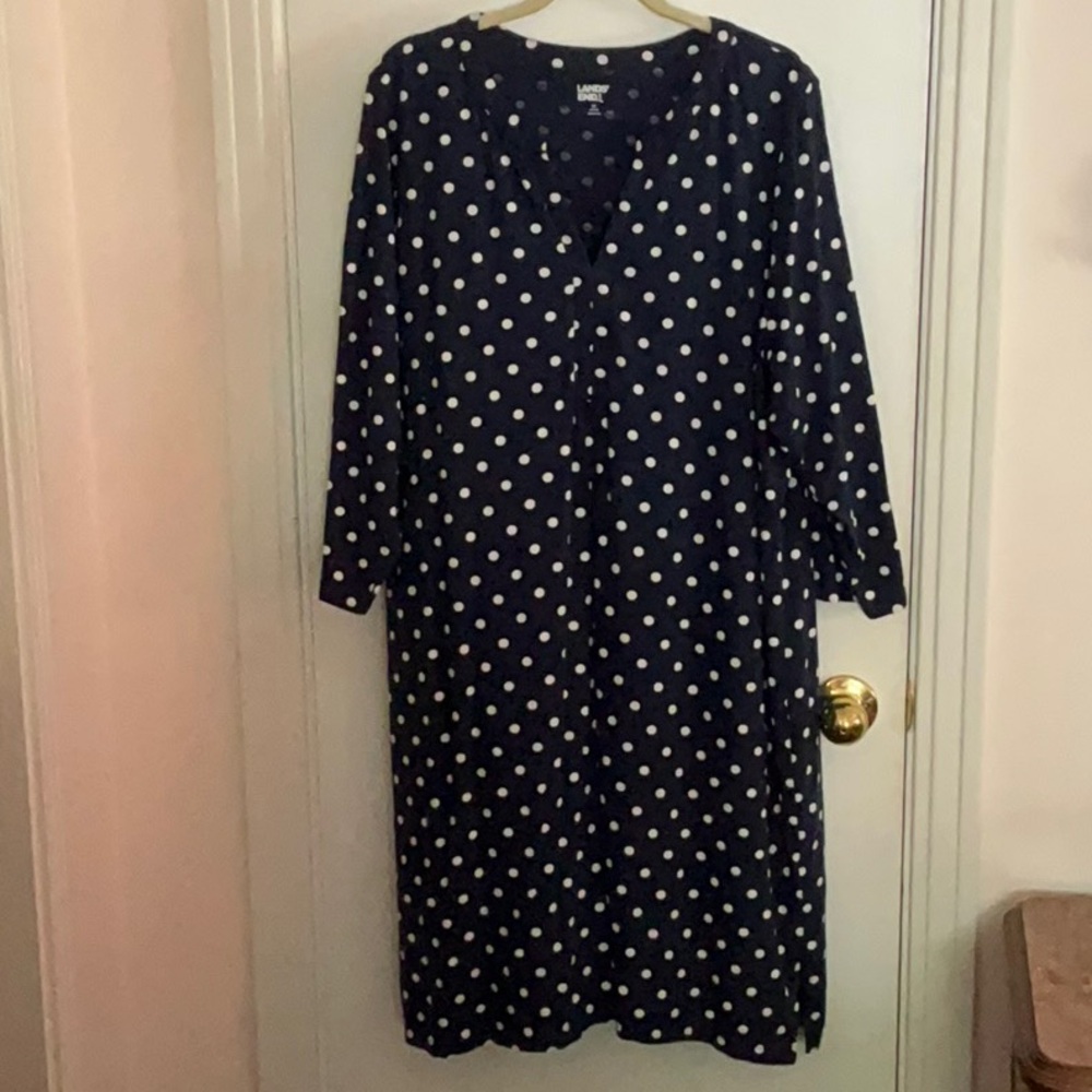 Lands' End Navy and White Polka Dot Dress 2X Cotton
